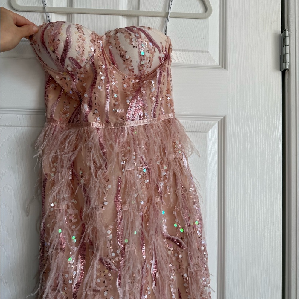 Sequin Feather Mini Dress - Pink